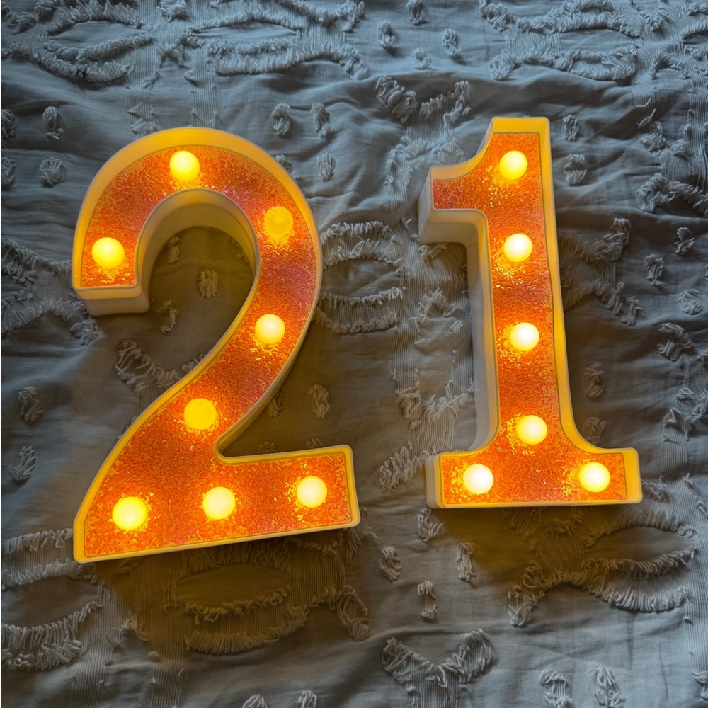 21 DECORATIONS BOX (rose gold): 2 tiaras, 1 sash, hanging decos, 1 light up set